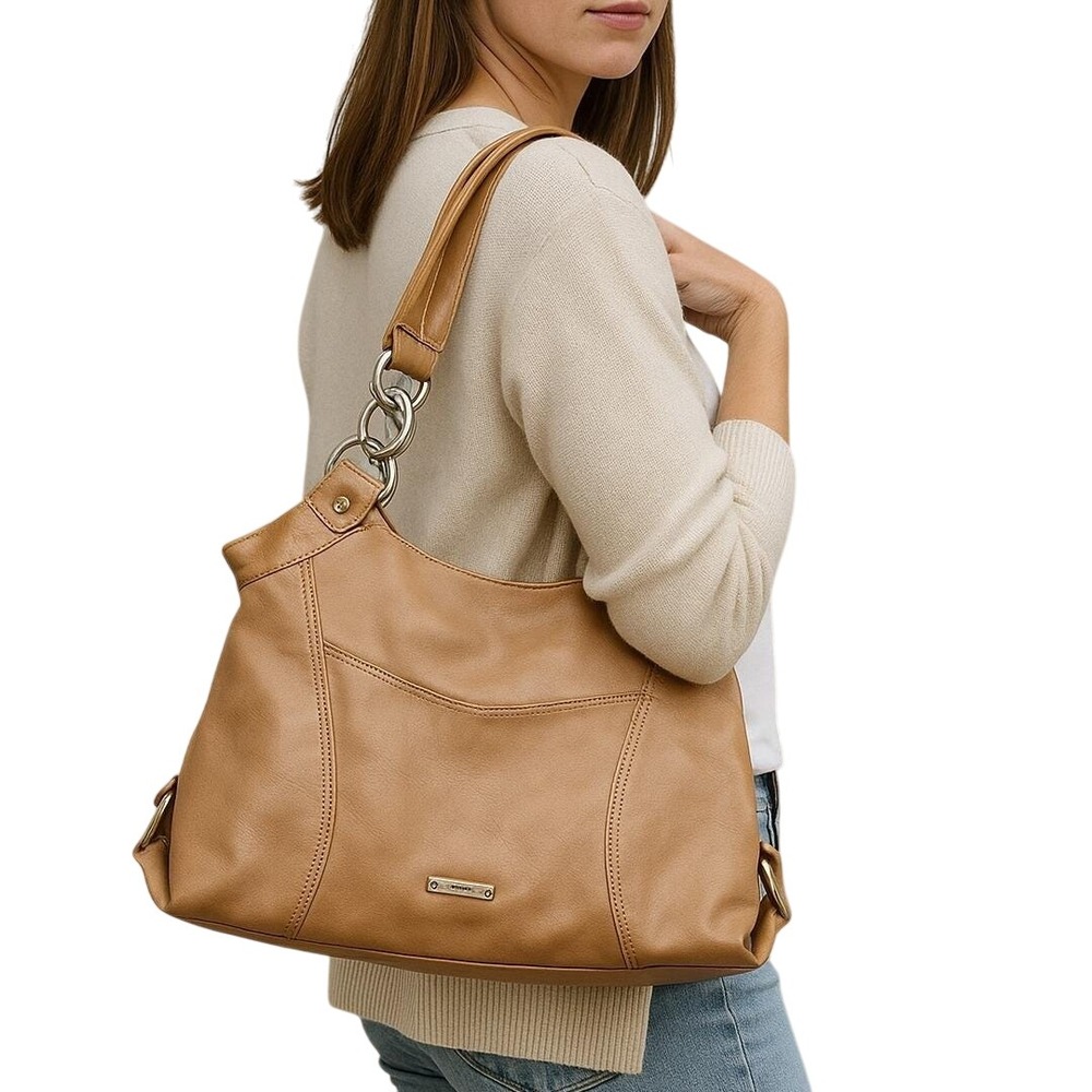 Nine West Tan Faux Leather Shoulder Bag Silver Tone Hardware Y2K‎